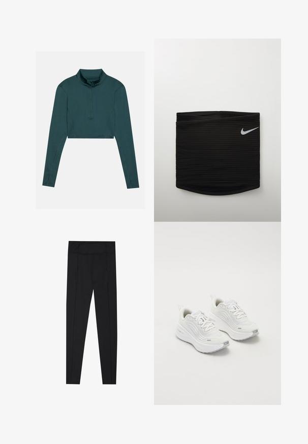 Crop top in dark teal, long sleeves, high collar with a half zip, smooth texture, reinforced stitching on seams.; Black leggings featuring a smooth texture, high waistband, and stitching details along the sides. Slim-fit design, suitable for various activities.; White athletic shoes with a textured mesh upper, cushioned sole, and subtle grey accents. Includes branding and looped heel tab for easy wear.; Black athletic waistband with ribbed texture, featuring a small white Nike swoosh logo on the right side. Smooth, fitted design.