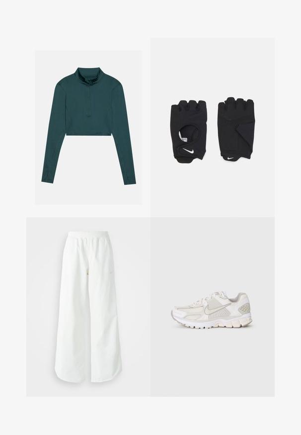 Tamsiai žalias trumpas viršus, ilgos rankovės, aukšta apykaklė su pusiau užtrauktuku, lygi tekstūra, sustiprinti siūlės.; Balti sportiniai keliai su platėjančiomis kojomis, su įtemptu juosmeniu ir subtilia logotipo detale. Lygus audinys, laisvas kirpimas ir siaurėjantis apatinis kraštas.; Baldos spalvos sportinė avalynė, pagaminta iš tinklinės ir sintetinės medžiagos. Yra su tekstūruotu dizainu, paminkštintu apvadu ir geometriniais akcentais ant kulno.; Juodos bepirštės pirštinės, pagamintos iš tamprus materijos, su atviru delnu, su sukibimo akcentais ir balta Nike logotipu.