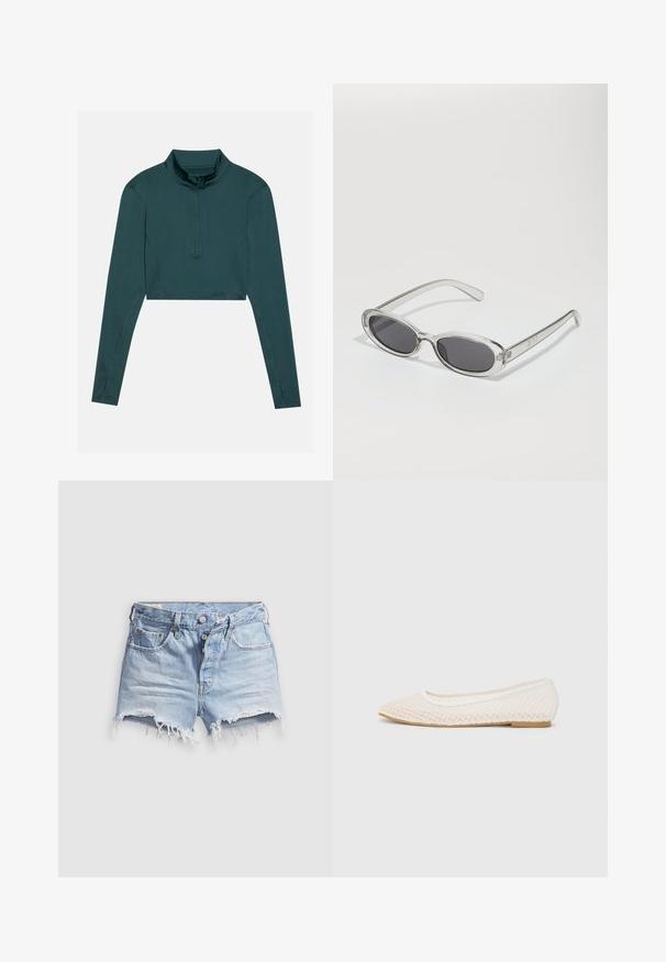 Crop top in donker teal, lange mouwen, hoge kraag met een halve rits, zachte textuur, versterkte stiksels op de naden.; Lichtblauwe denim short met afgeknipte pijpen en rafelige zoom, vijf zakken en een knoopsluiting. De stof is zacht en heeft een licht versleten uitstraling.; Witte platte schoen met een mesh-design, een spitse neus en een lage, platte zool. Getextureerde bovenkant met een soepele voering en subtiele contrasterende afwerking.; Zonnebril met een ovale vorm, helder plastic montuur, donkergrijze glazen en dunne transparante pootjes met logo-accenten en minimale details.; Bruine leren hobo tas met een rondvorm, voorzien van een gouden hardwareaccent en contrasterende stiksels. Gecombineerd met een denim shirt en jeans.