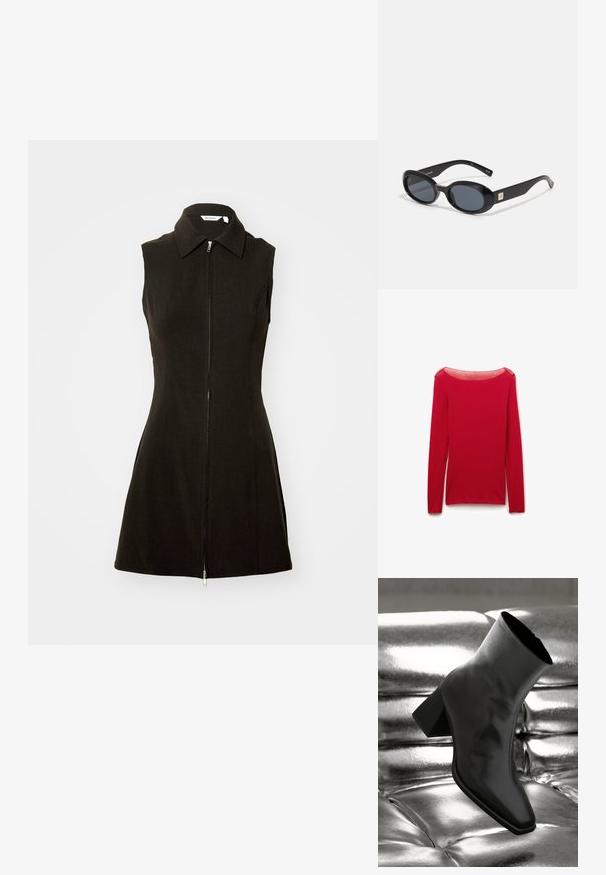 Red long-sleeve shirt made of soft, lightweight fabric with a wide, boat neckline and fitted shape, featuring minimal stitching details.; Black sleeveless dress featuring a collared neckline and front zipper closure, made of smooth fabric with a fitted silhouette and flared hem.; Black ankle boot made of glossy material with a square toe and tapered heel, set against a shiny silver tufted background.; Black oval sunglasses with dark lenses, glossy plastic frame, wide arms, and a small gold accent on one side.