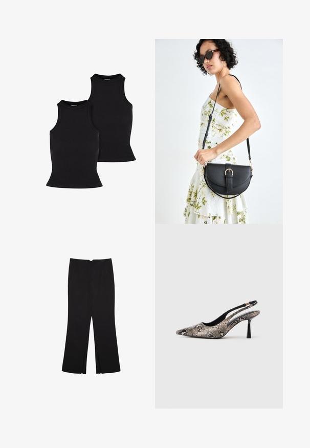 Musta ribbed hihaton toppi, tiukka muotoilu, jossa on korkea kaula-aukko. Tekstuuri näyttää joustavalta ja sileältä, yksinkertainen siluetti.; Mustat housut suoralinjaisella leikkauksella, joissa on etutaskut ja sivurei'ät helman alla. Valmistettu pehmeästä ja sileästä kankaasta. Sopii eri tilaisuuksiin.; Kengät, joissa on kärki terävä ja slingback-malli, valmistettu tekstuurista matelijannahkaa muistuttavasta materiaalista. Niissä on hoikka musta korko ja leikattu muotoilu sivuilla.; Musta nahkainen käsilaukku, joka on kaareva muotoilultaan, irrotettavalla hihnalla ja kultaisilla yksityiskohdilla. Laukussa on läppä, jossa on solk yksityiskohta.