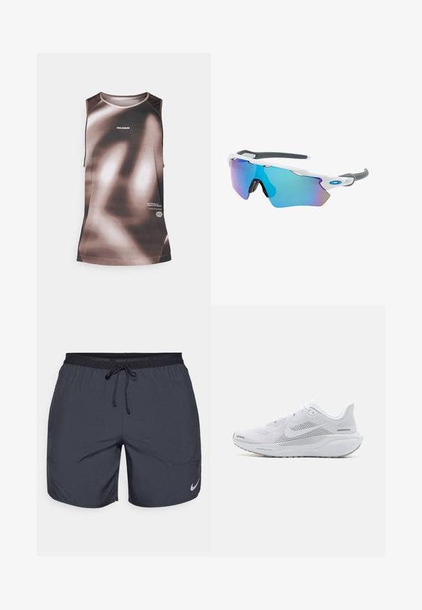 Tank top in brown and beige tones with a gradient pattern. Made of synthetic material, features a round neckline and brand logo on the front.; Nike running shorts in dark gray, featuring an elastic waistband with a drawstring and a silver logo accent on the lower right leg.; White athletic shoe with a mesh upper, smooth textured overlays, grey accents, laces, and a cushioned sole designed for performance.; Sunglasses with a white frame, gray accents, and blue mirrored lenses. Sporty design, wraparound shape, and adjustable nose pads.