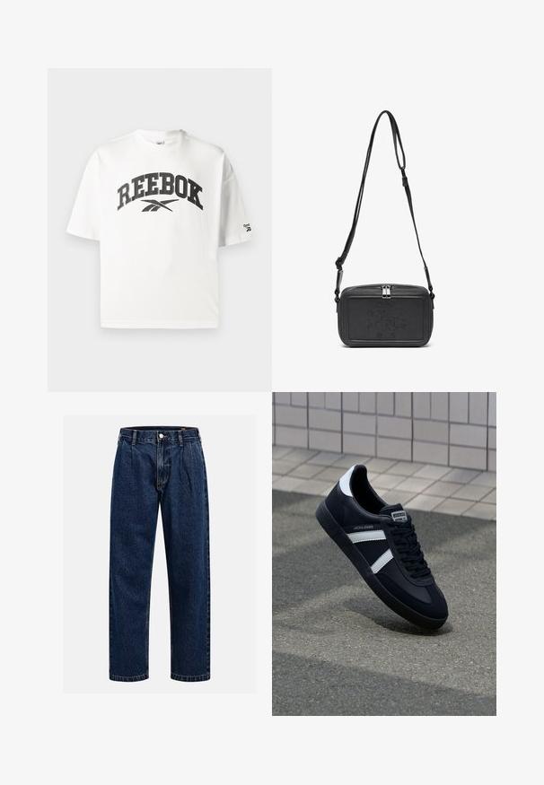 Bela bomba majica s kratkimi rokavi, ki ima črn logo "REEBOK" in majhen Reebokov logo kot detajl na levem rokavu.; Temno modri kavbojki iz denima s pravim krojem. Imajo vidno šivanje, zapenjanje na gumb in sprednje plitke za dodaten detajl.; Črne usnjene superge z belimi črtami, teksturiran gumijast podplat in zavezovanje spredaj. Imajo označeno oznako na ježku.; Črna usnjena torbica čez ramo z zadrgo, embosirano logotipom spredaj in nastavljivim pasom. Gladka površina z pravokotno obliko.