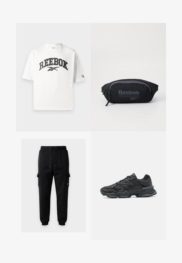Camiseta de algodón blanca de manga corta, que presenta un logo negro de "REEBOK" y un pequeño acento del logo de Reebok en la manga izquierda.; Pantalones cargo negros hechos de una tela suave, con una cintura elástica con cordón, bolsillos laterales y puños acanalados.; Zapatilla de running negra que presenta una combinación de malla y materiales sintéticos, suela gruesa, diseño curvado y una marca prominente en el costado.; Bolsa de pouch negra de Reebok hecha de tejido duradero. Presenta un zipper gris, un logo imprimido y una forma ovalada con un acabado texturizado.