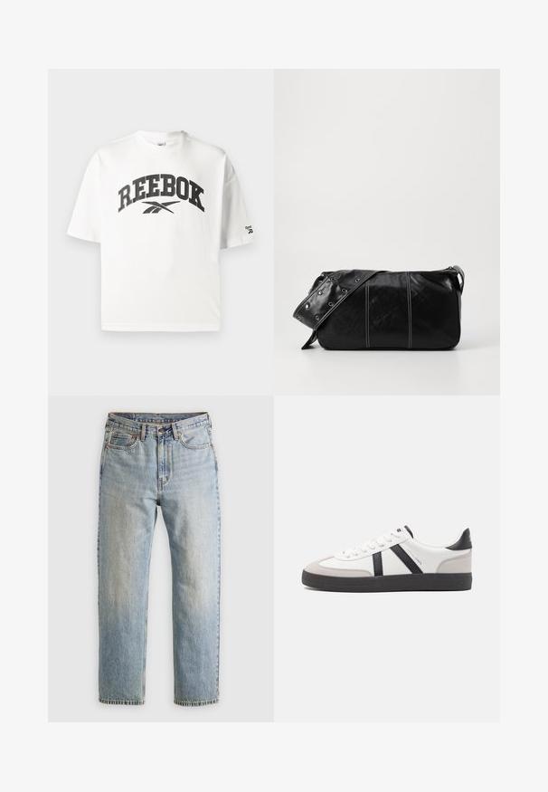Camiseta de algodón blanca de manga corta, que presenta un logo negro de "REEBOK" y un pequeño acento del logo de Reebok en la manga izquierda.; Jeans de mezclilla azul claro de cintura alta, con botón frontal, cremallera y diseño de cinco bolsillos, dispuestos sobre un fondo neutro.; Zapatilla blanca con acentos en negro y gris, que presenta una puntera texturizada en gris, suela de goma negra y cordones planos blancos. Diseño limpio, estilo minimalista.; Bolso de hombro de cuero negro con cierre de cremallera, que presenta un cuerpo texturizado, costuras blancas y una correa con ojales plateados.