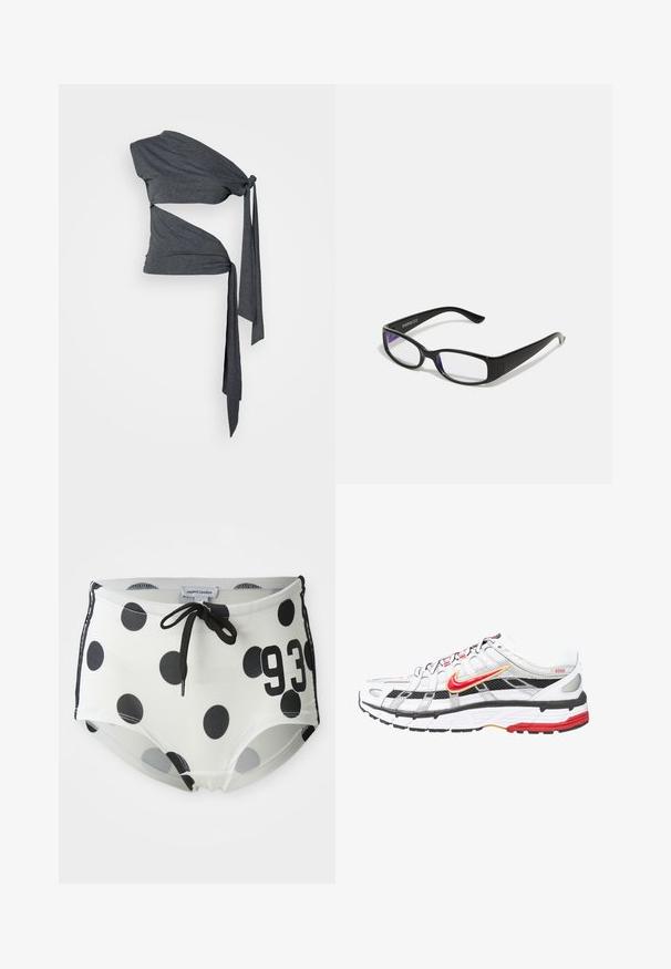 Jaded London DOUBLE KNOTTED - Trükipildiga T-särk - grey; Mustvalged must-valgete täppidega ujumispüksid kummeeritud vöökohaga, mille esiosal on number "93" ja mis on valmistatud siledast ja venivast kangast.; Valged ja mustad sportlikud jalanõud punaste ja kuldsete akcentidega. Omavad võrgusilma ülemist osa, pehmendatud tallat ja kindlat paelaga kinnitust.; Mustad mustad prillid selgete läätsedega. Läikiv viimistlus, kitsad vars, ja läätsede servadel on nähtav lilla varjund.