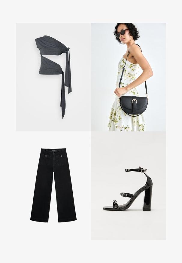 Jaded London DOUBLE KNOTTED - Triko s potiskem - grey; Černé široké džíny s vysokým pasem, obsahující dvě přední kapsy a kovové knoflíkové detaily. Látka má hladkou texturu.; Černé lakované sandály na podpatku se čtveratou špičkou, lýtkovými pásky a stříbrnými přezkami. Disponují masivním blokovým podpatkem pro stabilitu.; Černá kožená kabelka s křivkovým tvarem, odnímatelným popruhem a zlatými detaily. Kabelka má klopu s přezkou.