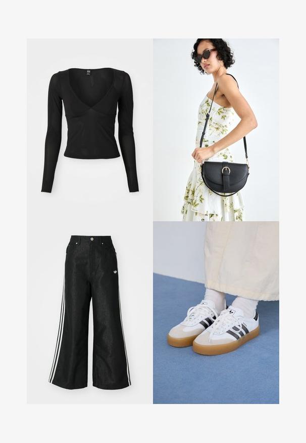 Juodas ilgomis rankovėmis viršus su giliu V formos kaklu, minkšta elastinga medžiaga ir banguotais kraštais ant rankovių ir apatine dalimi.; Juodos plačios džinsinės kelnės su trimis baltais juostelėmis kiekvienoje pusėje ir mažu baltu logotipu. Yra priekiniai kišenės ir sagčių užsegimas.; Baltos sportbačiai su noir juostomis ir šviesiai rudos zomšos akcentais. Yra tekstūruota gumos padas ir plokščiomis baltomis raištelėmis, dėvimi su šviesiai spalvotomis kojinėmis.; Juodas odinis krepšys su išlenkta forma, nuimamu dirželiu ir auksiniais detalėmis. Krepšys turi kilpą su sagtimi.