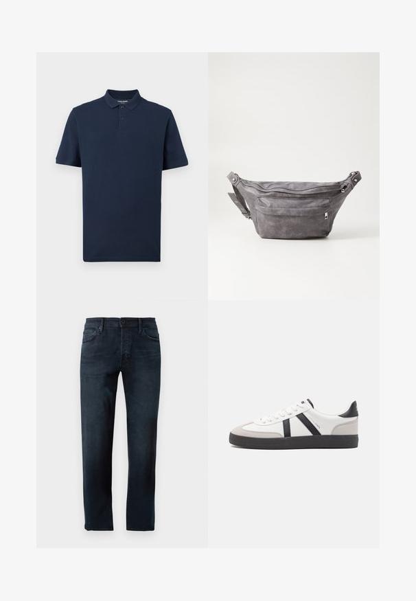 Polo shirt blu navy realizzato in morbido cotone. Presenta un colletto classico, una patta con due bottoni e maniche corte. Logo discreto sul petto.; Jeans blu scuro, realizzati in tessuto denim, con un design a gamba dritta, chiusura anteriore con bottone e zip, e cinque tasche.; Sneaker bianco con accenti neri e grigi, dotata di una punta grigia testurizzata, suola in gomma nera e lacci bianchi piatti. Design pulito, stile minimalista.; Fanny pack in suede grigio con forma arrotondata, due scomparti con cerniera e tracolla regolabile. Presenta dettagli in metallo.