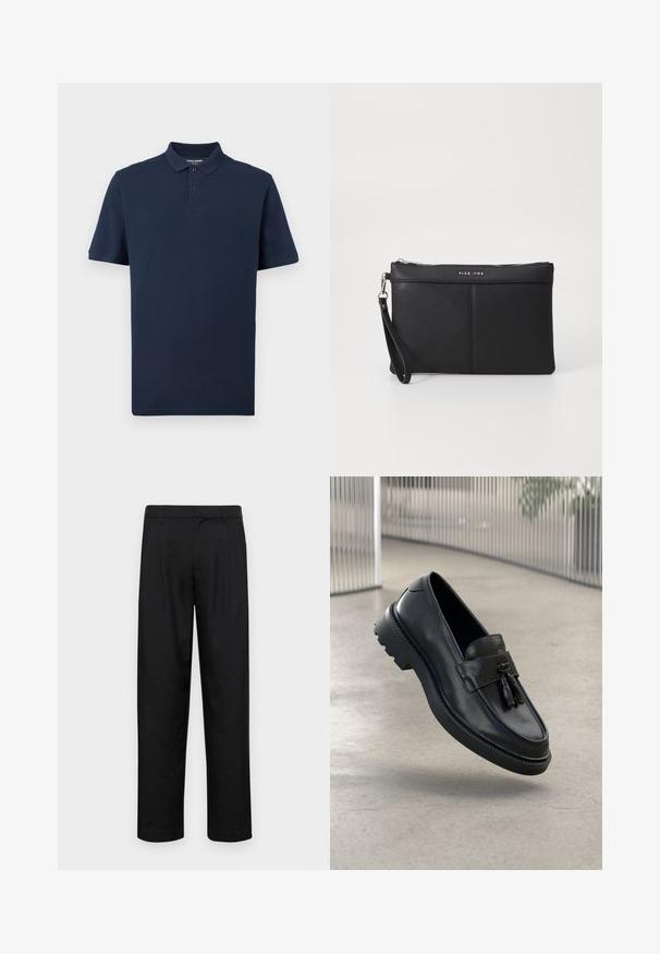 Polo de couleur bleu marine en coton doux. Présente un col classique, une patte de boutonnage à deux boutons et des manches courtes. Logo subtil sur la poitrine.; Pantalons noirs en tissu lisse, avec une coupe droite, deux plis avant et une taille standard avec passants de ceinture.; Mocassins en cuir noir à finition lisse, avec pompon décoratif, semelle en caoutchouc épaisse et détails cousus. Design léger et élégant.; Pochette synthétique noire avec fermeture éclair, anse pour le poignet et texture lisse. Présente des coutures discrètes et un logo embossé sur le devant.