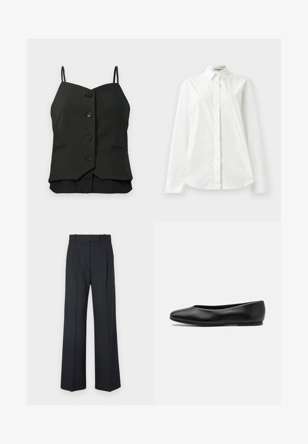Czarna bezrękawnikowa bluzka na guziki z cienkimi ramiączkami i dwoma małymi wszytymi kieszonkami z przodu.; Biała bawełniana koszula z długim rękawem, z wyostrzonym kołnierzykiem, zapinana na guziki z przodu i zaokrąglonym dołem. Gładka faktura, regularny krój i brak wzorów.; Ciemnoniebieskie spodnie w paski z wysokim stanem, szerokimi nogawkami i bez widocznych elementów metalowych lub ozdób. Gładka tekstura i dopasowany krój.; Paul Smith TOPANGA czarny