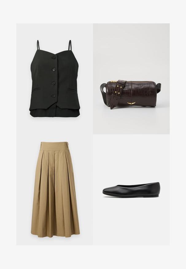 Blusa nera senza maniche con bottoni, spalline sottili e due piccole tasche cucite sui lati anteriori.; Gonna plissettata color khaki con vita alta, realizzata in cotone. Presenta un design fluido e orlo rifinito con dettagli di cucitura sottili.; Paul Smith TOPANGA - Ballerine - black; Borsa in pelle stampata a coccodrillo marrone con forma cilindrica, accessori in tonalità oro e una tracolla staccabile con borchie.