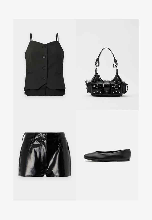 Zwarte mouwloze blouse met knopen, dunne schouderbandjes en twee kleine opgestikte zakken aan de voorkant.; Zwarte, glanzende shorts van synthetisch materiaal. Heeft een aansluitende taille, riemlussen en voorzakken met opvallende stikseldetails.; Paul Smith TOPANGA - Ballerina's - black; Zwarte lederen handtas met een gebogen ontwerp, voorzien van zilveren studs, een gesp en twee zijvakken. Verstelbare schouderband voor verschillende draagmogelijkheden.
