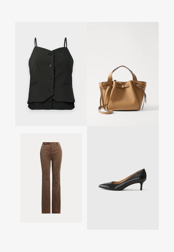 Mustavärviline särk, millel pole varrukasid, nööbid ees ja õhukesed õlavarre rihmad, samuti kaks väikest õmmeldud taskut esiküljel.; Pruunid korduvad püksid sirge jala disainiga, millel on vööaasad, ettepoole avatud taskud ja peen vertikaalne soonik tekstuuri jaoks.; Must musta musta, millel on terav nina, madal konts ja sile tekstuur. Omab pisut avatud osa ees ja minimaalset riistvara taga.; Tory Burch ROMY PEBBLED SATCHEL - Käekott - tiramisu