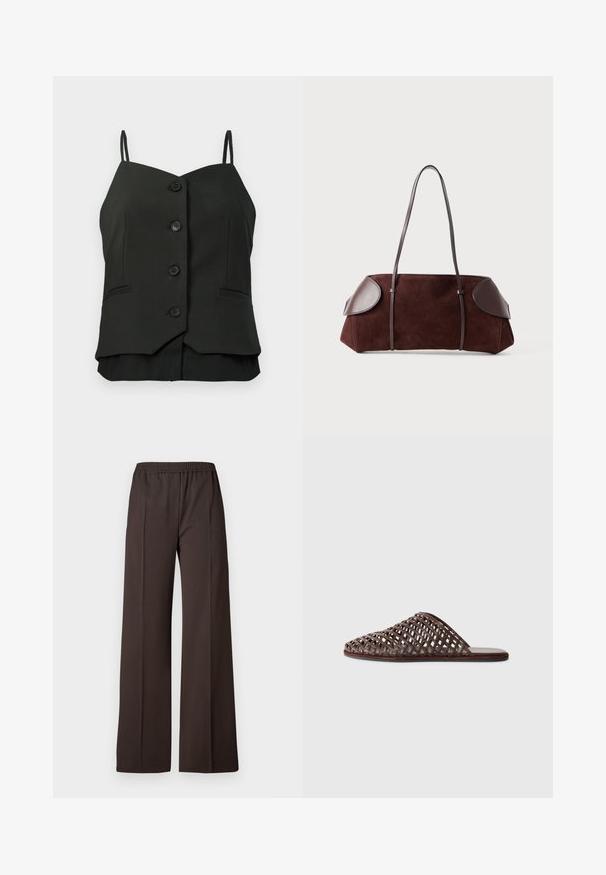 Black sleeveless buttoned blouse with thin shoulder straps and two small sewn pockets on front sides.; Wide-leg trousers in dark brown fabric with an elastic waistband, featuring a smooth texture and clean lines for a tailored look.; Brown woven slide sandal with a rounded toe, open design, flat sole, and textured surface. Lightweight material and minimalist silhouette.; Brown suede bag with leather accents, structured shape, dual shoulder straps, and rounded edges, featuring a smooth texture and minimal hardware.