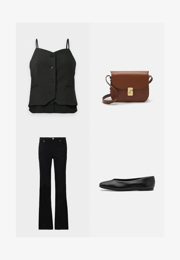 Blusa nera senza maniche con bottoni, spalline sottili e due piccole tasche cucite sui lati anteriori.; Jeans neri svasati in denim, dotati di due tasche anteriori, chiusura con bottone e una texture liscia. Cuciture iconiche visibili nei punti di giuntura.; Paul Smith TOPANGA - Ballerine - black; Borsa a tracolla in pelle marrone con chiusura a pattina, hardware color oro, tracolla e una finitura liscia. Forma rettangolare compatta.