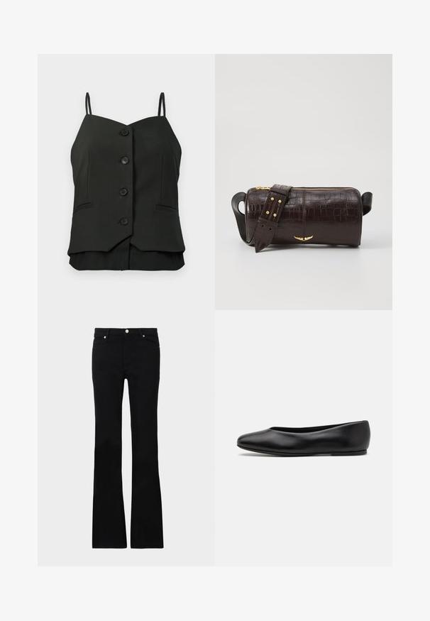 Blusa nera senza maniche con bottoni, spalline sottili e due piccole tasche cucite sui lati anteriori.; Jeans neri svasati in denim, dotati di due tasche anteriori, chiusura con bottone e una texture liscia. Cuciture iconiche visibili nei punti di giuntura.; Paul Smith TOPANGA - Ballerine - black; Borsa in pelle stampata a coccodrillo marrone con forma cilindrica, accessori in tonalità oro e una tracolla staccabile con borchie.