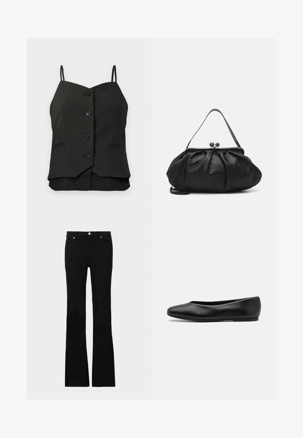 Schwarze ärmellose Bluse mit Knöpfen, dünnen Trägern und zwei kleinen aufgenähten Taschen an den Vorderseiten.; Schwarze, ausgestellte Jeans aus Denim, ausgestattet mit zwei Fronttaschen, einem Knopfverschluss und einer glatten Oberfläche. Signatur-Nähte an den Nähten sichtbar.; Paul Smith TOPANGA - Klassischer Ballerina - black; Schwarze Lederhandtasche mit einer runden, gefalteten Form. Verfügt über einen metallischen Verschluss mit zwei dekorativen Kugeln und einem schmalen, abnehmbaren Tragegurt.