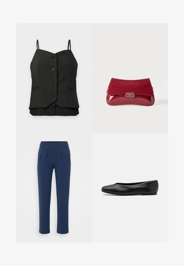 Blusa negra sin mangas con botones y tirantes finos, con dos pequeños bolsillos cosidos en los lados delanteros.; Pantalones de talle alto azul marino con cinturilla elástica, piernas rectas y anchas, y bolsillos laterales, exhibidos sobre un fondo plano.; Paul Smith TOPANGA - Bailarinas - black; Bolso de mano de charol rojo con un diseño curvado, solapa plegable y un acento de logo metálico en una placa plateada. Textura suave y brillante.