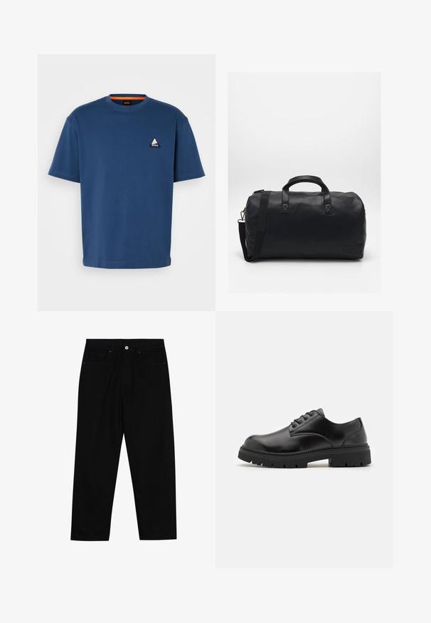 Tamsiai mėlyna medvilninė marškinėliai su apvalia iškirpte. Kairėje krūtinės pusėje yra trikampis logotipas baltos ir mėlynos spalvos. Trumpomis rankovėmis, laisvo kirpimo.; Juoda džinsinė kelnė su tiesiu kirpimu, penkių kišenių dizainu ir priekiniais mygtukais. Lygus paviršius su minimaliu siuvimo detalėmis.; Juodi odiniai bateliai su apvaliu nosiu, raištelių užsegimu ir storu, tekstūruotu guminėmis padais. Yra siuvinėjimas per kraštą ir lygus paviršius.; Juodas sportinis krepšys, pagamintas iš tekstūruotos sintetinės medžiagos. Yra du rankenoms ir reguliuojama petneša. Paprastas dizainas be matomų raštų.