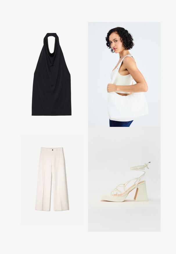 Schwarzes tanktop ohne Ärmel mit einem drapierten Ausschnitt, hergestellt aus einem weichen, dehnbaren Stoff, mit einem offenen Rücken und einem glatten, minimalistischen Design.; Cremfarbene weitem Hosen mit maßgeschneidertem Design, ausgestattet mit zwei vorderen Taschen und einem vorderen Knopfverschluss, aus glattem Stoff gefertigt.; Weiße High-Heel-Sandale mit einem klobigen Absatz, die über ein Riemchendesign und ein Knöchelband verfügt. Glatte Textur mit einer Plattform vorne für zusätzliche Höhe.; Weißer Schultertasche aus glattem Material mit ovalem Ausschnitt und breitem Tragegurt. Einfach und modern, ohne sichtbare Hardware.