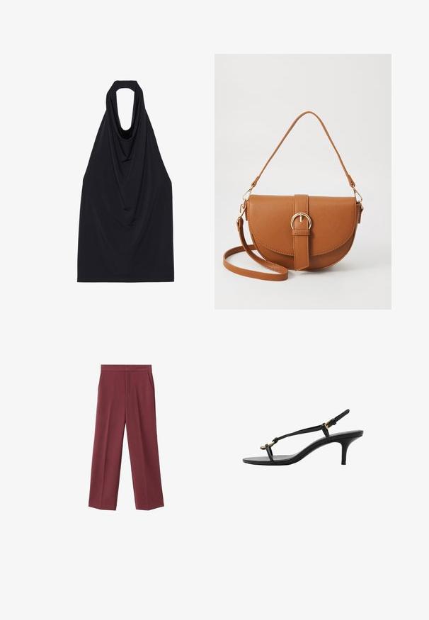 Svart ärmlös topp med draperad halsringning, tillverkad av ett mjukt och elastiskt material, med öppen rygg och en slät, minimalistisk design.; Bordeaux bredderbyxor med en slät textur, med sidofickor och hög midja. Skräddarsydda med en ren frontveck.; Svart lädersandal med kitten heel, tunna remmar, guldspänne och minimalistisk tåloop på en vit bakgrund.; Brun läder crossbody-väska med en böjd form, gyllene detaljer och en spänneaccent. Har en avtagbar axelrem.