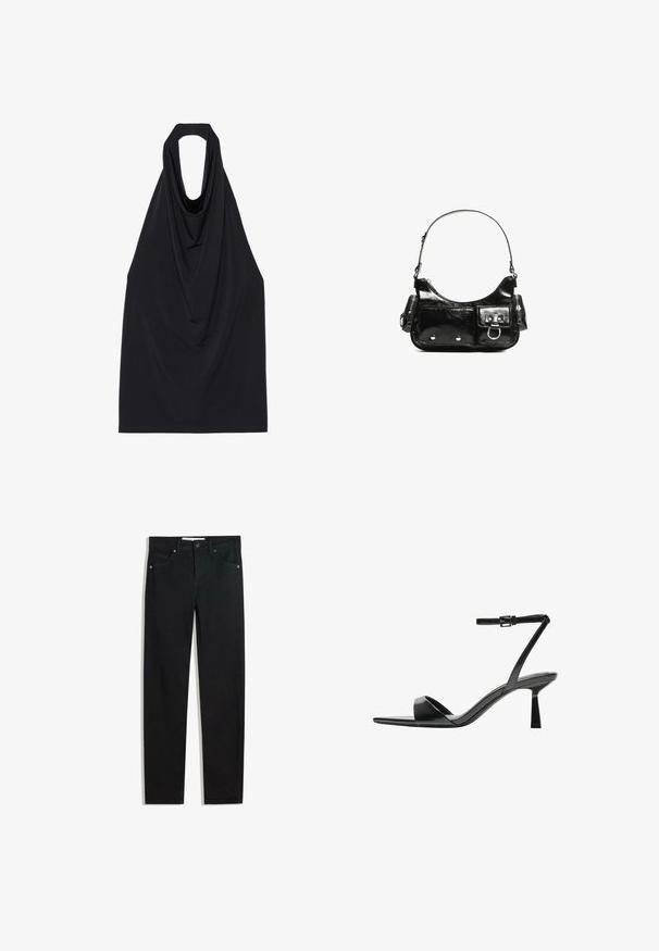 Sort ærmeløs top med en draperet halsudskæring, lavet af et blødt, strækbart stof, med en åben ryg og et glat, minimalistisk design.; Sorte denimbukser med lige ben, fem lommer, metalknaplukning og diskrete syningsdetaljer. Glat tekstur.; Bershka Højhælede sandaletter / Højhælede sandaler - black; Sort patenteret læder håndtaske med en buet form, en skulderrem, frontlommer og hardware accenter i sølvfarve.