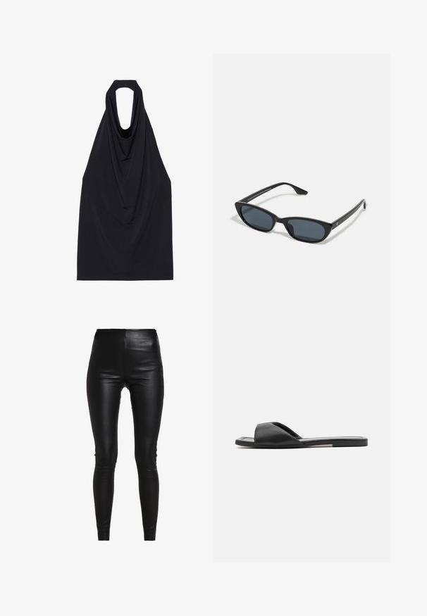 Zwarte mouwloze top met een gedrapeerde halslijn, gemaakt van een zachte, rekbare stof, met een open rug en een strakke, minimalistische uitstraling.; Zwarte nepleer leggings met een hoge taille, een figuurvolgend ontwerp, een gladde textuur en geen zichtbare naden of versieringen.; Zwarte slidesandalen hebben een soepele synthetisch materiaal, open teen ontwerp en een platte zool met een minimale accentstreep aan de zijkant.; Zwarte cat-eye zonnebril met donkere lenzen, kunststof frame, slanke pootjes en subtiele branding op de binnenkant van de poot. Mat afgewerkte textuur.