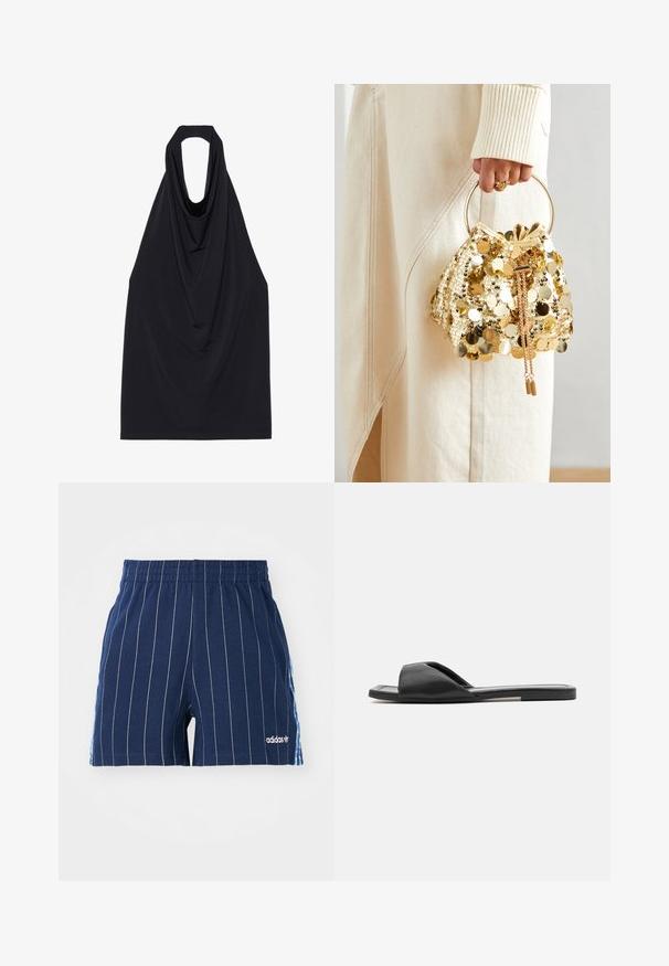 Svart ermeløs topp med drapert hals, laget av et mykt, stretchy stoff, med åpen rygg og en glatt, minimal design.; Mørkeblå shorts med hvite striper, elastisk midje og Adidas-logo. Har blå detaljer på sidene, laget av en bomullsblanding.; Sorte svarte sandaler har et glatt syntetisk materiale, åpen tå-design og en flat såle med en minimalistisk kantstripe på siden.; Gullfarget sekvenseikkkvott med trekksnor og en rund håndtak, som har skinnende runde sekvenser og et teksturert stoff. Dimensjoner er ikke oppgitt.