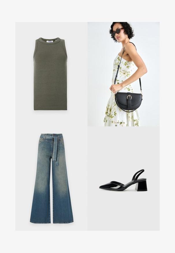 Top sin mangas de color verde oliva, hecho de tela acanalada. Presenta un escote redondo y dobladillo recto. Etiqueta de marca visible en el interior.; Pantalones de mezclilla de pierna ancha con un degradado de azul claro a oscuro, cintura alta, trabillas para cinturón y un cinturón de tela a juego. Acabado de mezclilla texturizada.; Zapatos de tacón slingback de charol negro con punta afilada y tacón geométrico en bloque. Presentan un diseño elegante y minimalista, así como una textura suave.; Bolso de piel negra con forma curva, correa desmontable y herrajes dorados. El bolso cuenta con una solapa con un detalle de hebilla.