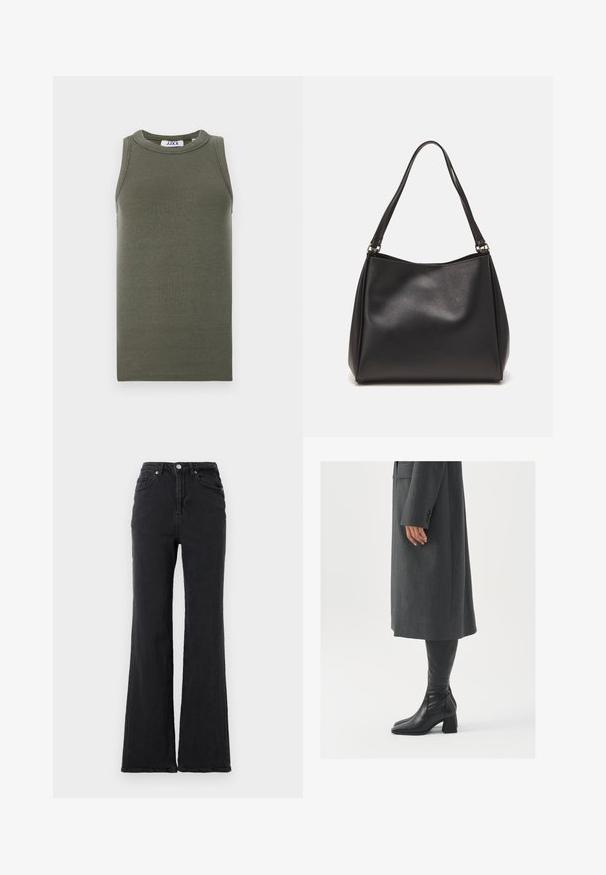 Top sin mangas de color verde oliva, hecho de tela acanalada. Presenta un escote redondo y dobladillo recto. Etiqueta de marca visible en el interior.; Jeans de mezclilla negros de cintura alta con pierna acampanada, botón frontal y diseño de cinco bolsillos sobre un fondo blanco liso.; Abrigo gris, entallado y de corte recto; combinado con botas de cuero negras hasta la rodilla que tienen punta cuadrada y tacón grueso.; Bolso de mano de cuero sintético negro con una textura suave, forma de hobo y doble asa; presenta un acabado brillante y un diseño minimalista.