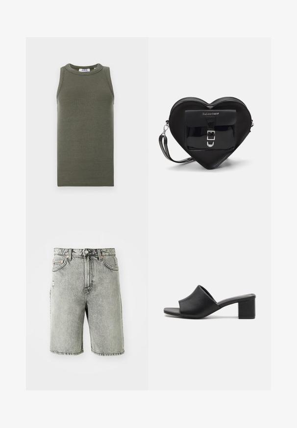 Top senza maniche di colore verde oliva, realizzato in tessuto a coste. Presenta un collo rotondo e orlo dritto. Etichetta del marchio visibile all'interno.; Shorts in denim grigio con un design classico a cinque tasche, una finitura sbiadita e dettagli cuciti all'orlo e alla vita.; Mule nere in pelle con tacco a blocco e apertura sulla punta, con una superficie liscia e una tomaia leggermente curva per comfort e stile.; Borsa a forma di cuore nera in pelle verniciata, con una tasca frontale dotata di chiusura a fibbia e tracolla rimovibile. Dettagli in hardware argentato.