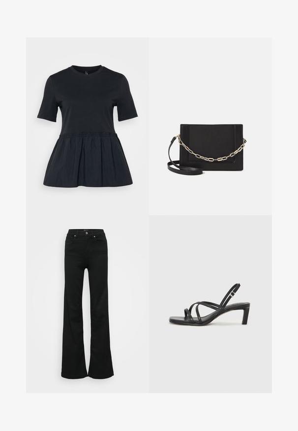 Black T-shirt with short sleeves, round neckline, and a cinched, gathered waist leading to a flared peplum hem. Soft fabric texture.; Black flared jeans made from denim, featuring a high waist, five pockets, and metal button closure. Smooth texture with minimal detailing.; Black strappy sandal with a square toe and a low block heel. Features multiple thin straps and an adjustable ankle strap. Made of smooth leather.; Black leather crossbody bag featuring a smooth texture, rectangular shape, and a metallic chain detail on the front. Adjustable strap included.