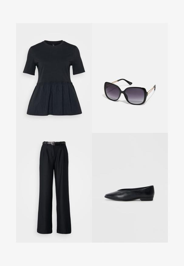 Čierne tričko s krátkymi rukávmi, okrúhlym výstrihom a zúženým, naberaným pásom, ktorý prechádza do rozšíreného peplum lemovania. Mäkká textúra látky.; Čierne široké nohavice vyrobené z hladkej látky, s prednými záhybmi a zodpovedajúcim čiernym opaskom so striebornou prackou.; Čierne kožené ploché topánky s ostrou špičkou, mierne vyvýšeným podpätkom a hladkým povrchom. Jednoduchý dizajn bez viditeľného hardvéru alebo vzorov.; Čierne oversized slnečné okuliare s gradientovými sklíčkami, hrubými rámami a zlatým retiazkovým detailom na stranách.