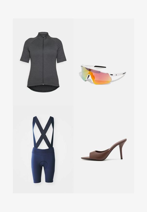 Tricou de ciclism cu mânecă scurtă în gri închis, cu fermoar complet pe față, mâneci raglan și tiv curbat din material texturat.; Pantaloni scurți de ciclism marină cu bretele încrucișate, material respirabil, zonă de sezut căptușită și detalii texturate pe lungimea picioarelor.; Mule-uri din piele maro, cu vârf deschis și toc înalt, cu un design elegant, având o curea frontală lată și un toc subțire de tip stiletto.; Sweet Protection SHINOBI UNISEX - Ochelari de soare - rig topaz/satin white