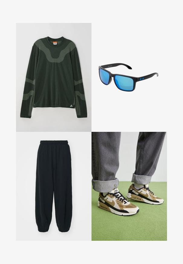 Grønn langermet skjorte med teksturt mønster, rund hals og kontrasterende lysere aksenter på ermene. Triangel-logo nederst.; Sorte, joggebukser med elastisk liv, løs passform, mansjetter på ankler, glatt tekstur og uten synlige mønstre eller hardware-detaljer.; Nike Air Max 90 sko i beige og svart, med mesh- og lærematerialer, synlig demping og svarte snører.; Stilige svarte solbriller med blå speilglass, firkantede rammer og blå detaljer på stengene. Laget av lett plastmateriale.