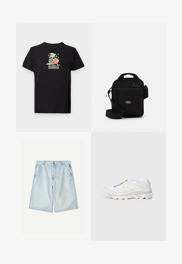 Černé bavlněné tričko s barevným grafickým potiskem zobrazujícím ananas a třešně, text zní „Stance Community Run Club.“ Krátké rukávy.; Světlé modré džíny šortky s rovnými nohavicemi, mají poutka na opasek, pět kapes a jemné vyblednutí. Klasická struktura bavlněné tkaniny.; Bílé sportovní boty s texturovaným síťovaným svrškem, reflexními akcenty a polstrovanou podešví. Výrazné logo značky na boku.; Černá crossbody taška se zipovou kapsou, obdélníkový tvar, vyrobená z látky, s logem na přední straně, nastavitelné ramenní popruhy.