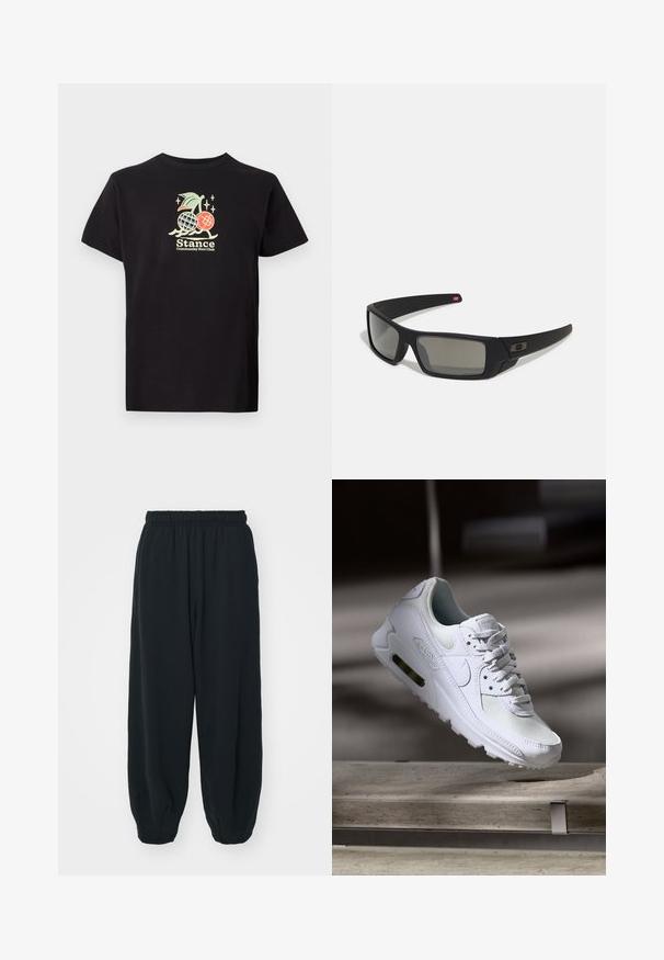 Černé bavlněné tričko s barevným grafickým potiskem zobrazujícím ananas a třešně, text zní „Stance Community Run Club.“ Krátké rukávy.; Černé teplákové kalhoty s elastickým pasem, volným střihem, manžetami na kotnících, hladkým povrchem a bez viditelných vzorů či kovových detailů.; Bílé tenisky Nike Air Max 90 s vrchním materiálem z textilu a kůže, perforovanou špičkou a viditelnou vzduchovou jednotkou v patě.; Černé sluneční brýle s matným povrchem, obdélníkové čočky, mírná křivka na spáncích, nenápadný detail loga a čočky s kouřovým zabarvením.