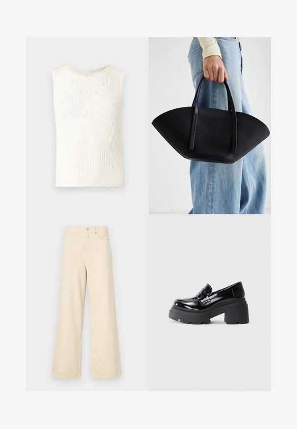 Sleeveless white ribbed top featuring a textured fabric, embellished with small pearls, and a decorative beaded neckline.; Beige wide-leg jeans made of cotton. Features a button closure, belt loops, and front pockets with a smooth, soft texture.; Black patent leather platform loafers with a chunky rubber sole, featuring a moccasin-style front and a wide strap accent across the top.; Black leather handbag with a unique fan shape, featuring flat handles. The surface has a pebbled texture and a minimalistic design.