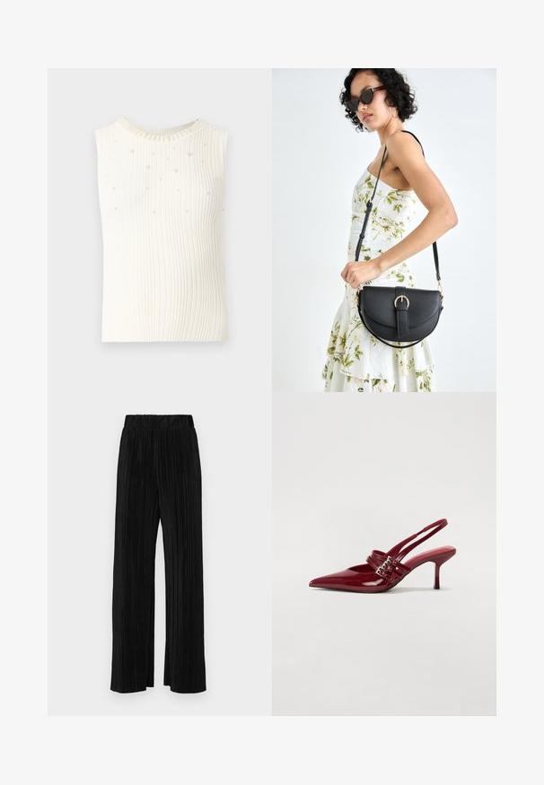 Bela brezrokavna rebrasta majica iz teksturiranega blaga, okrašena z malimi biserčki in dekorativnim ovratnikom iz perlic.; Črne plisirane hlače z elastičnim pasom. Imajo široke noge in gladko, teksturirano tkanino z navpičnimi črtami.; Rde lakirane sandalete na peto s ostrim nosom, dvema sponkami in tanko, srednje visokim peto središče. Gladka tekstura.; Črna usnjena torbica s ukrivljeno obliko, z odstranljivo naramnico in zlatimi dodatki. Torbica ima pokrov s podrobnostmi v obliki zaponke.
