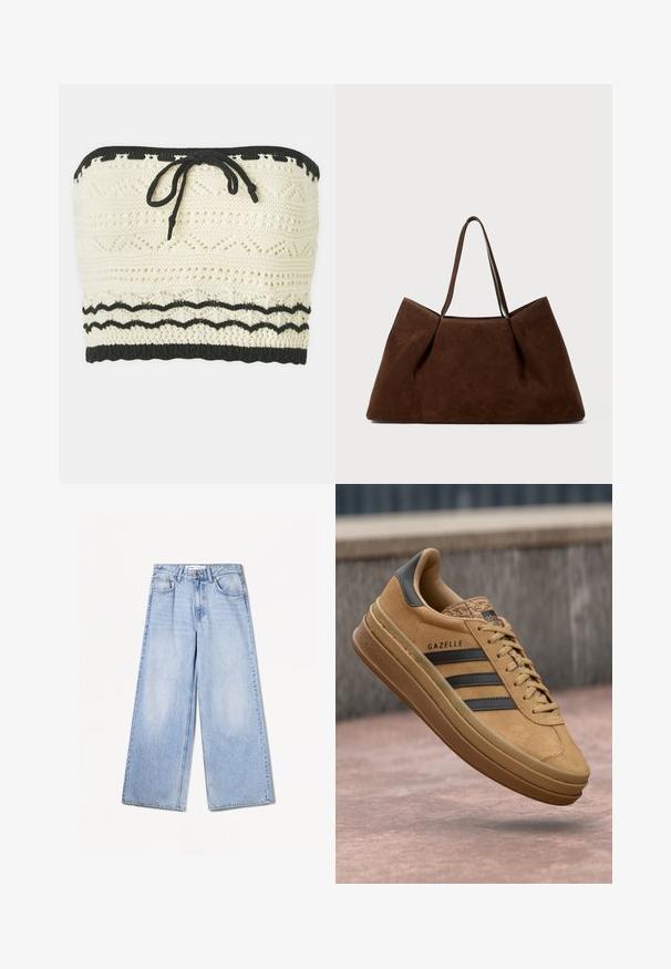 Top corto lavorato a maglia in avorio con un motivo texture, dotato di un elastico nero nella parte superiore e inferiore e un dettaglio di annodatura sul davanti.; Bershka WIDE-LEG - Wide Leg - light-blue denim; Sneakers in camoscio beige con texture liscia, caratterizzati da tre strisce scure, punta arrotondata e suola più spessa con un bordo decorato.; Borsa a tote in suede marrone con due manici, forma rettangolare ampia e design minimalista. Texture morbida con finitura liscia.