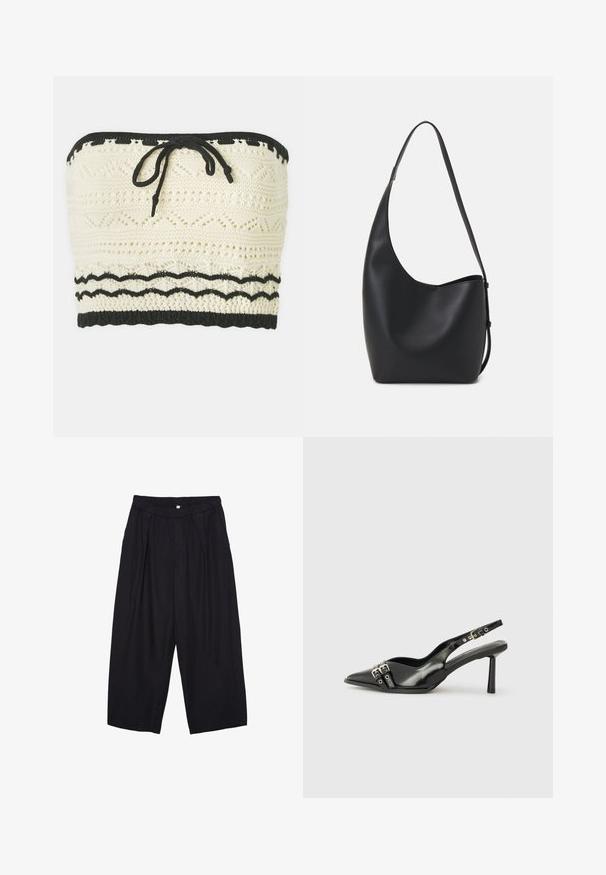 Top corto lavorato a maglia in avorio con un motivo texture, dotato di un elastico nero nella parte superiore e inferiore e un dettaglio di annodatura sul davanti.; Pantaloni culotte neri in poliestere con una cintura elastica, due pieghe frontali e una silhouette ampia. Nessun motivo visibile o dettagli in metallo.; Scarpa slingback in vernice nera con punta affusolata, cinturini alla caviglia con fibbie in argento e accessori, e tacco sottile.; Borsa hobo nera in pelle con una superficie liscia, forma curvata e una singola tracolla regolabile; presenta un'ampia apertura nella parte superiore.
