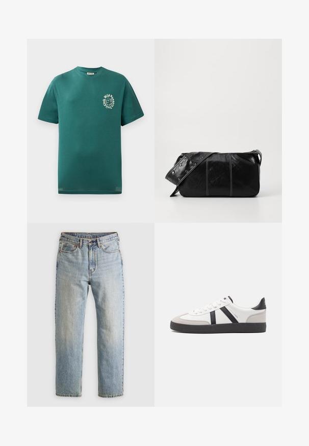 Sügavteal lühikeste varrukatega ümar kaelusega T-särk, mille rinnal on väike valge graafika linnust ja ringikujuline tekst "Wild Runners Trail Club".; Heledad hele sinine teksapükste kõrge vöökoht, ees nupuga, lukuga ja viie taskuga disain, asetatud tasasele neutraalsele taustale.; Valged tossud mustade ja hallide aktsentidega, tekstureeritud halli varbakattega, musta kummitald ja lamedad valged paelad. Puhtad jooned, minimalistlik stiil.; Must mustra nahkainine õlakott, millel on tõmblukk, tekstureeritud pind, valged õmblused ja rihm hõbedaste rõngastega.