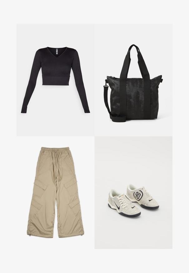 Mustade pikkade varrukatega lühike topp V-kaelusega, valmistatud siledast kangast, millel on soonikkoes äär ja kehakujuline disain.; Beežid cargo püksid, millel on kummiga vöökoht, mitmed küljetaskud ja mugav lõige. Valmistatud kerge ja sileda materjali koos õmblemise detailidega.; Nike spordijalatsid beeži ja halli tekstuuriga ülemise osa, mustade aktsentidega, suure "90" logoga ja valge sidumisega. Must tald.; Must mustkott mustekangaga, kahe ülemise sangaga ja eemaldatava õlarihmaga. Omab lukuga sulgemist, et tagada turvaline hoiustamine.
