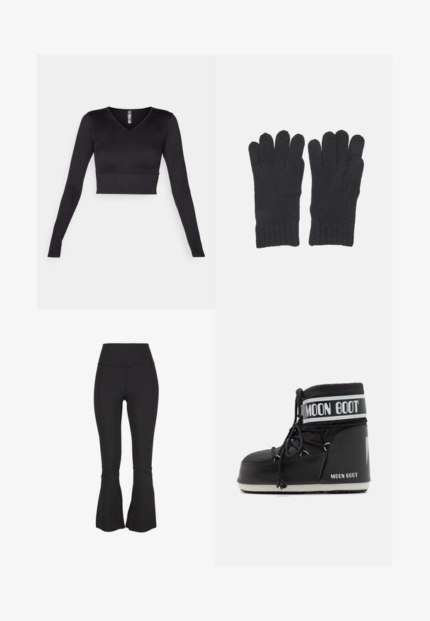 Schwarzes, langärmliges, kurzes Oberteil mit V-Ausschnitt, aus glattem Stoff, mit geripptem Saum und figurschmeichelndem Design.; Schwarze, ausgestellte Leggings aus einem elastischen, glatten Stoff. Hoher Bund und Schlitz am Beinabschluss sorgen für zusätzliche Designelemente.; Schwarze Moon Boot mit gepolstertem Schaft, der mit Schnürsenkeln gesichert ist, und einem auffälligen weißen Band mit dem Logo. Dicke, strukturierte Gummisohle.; Schwarze gestrickte Handschuhe mit einem gerippten Bündchen, gestaltet mit separaten Fingeröffnungen für volle Beweglichkeit. Weiche Textur und gleichmäßige Nähte.