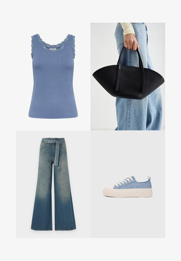 Modrá rebrovaná tielko s čipkovým lemovaním okolo výstrihu a ramienok, so priliehavým strihom a jemnou textúrou.; Džínsy s širokými nohavicami, ktoré majú prechod od svetlomodrej po tmavomodrú, vysoký pás, pútka na opasok a opasok z rovnakého materiálu. Textúrovaný denimový povrch.; Svetlomodré plátené tenisky s krémovou gumovou špičkou a podrážkou, obsahujúce biele šnúrky a pútko na päte.; Čierna kožená kabelka s jedinečným tvarom ventilátora, so plochými držadlami. Povrch má štruktúru s brúseným efektom a minimalistic design.