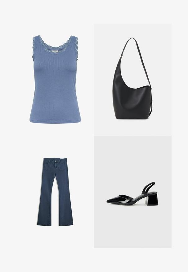 Top de culoare albastră, cu dungi, fără mâneci, având dantelă pe de-a lungul gâtului și deschiderilor pentru brațe, cu un design ajustat și textură moale.; Jeans din denim de un albastru închis, cu o croială evazată, buzunare cusute, închidere cu nasture și o textură netedă. Are un design clasic cu cinci buzunare.; Pantofi cu toc slingback din piele lacuită neagră, cu vârf ascuțit și toc geometric. Prezintă un design elegant, minimalist și o textură netedă.; Geantă hobo din piele neagră, cu o textură netedă, formă curbată și un singur bretele ajustabil; are o deschidere largă în partea de sus.