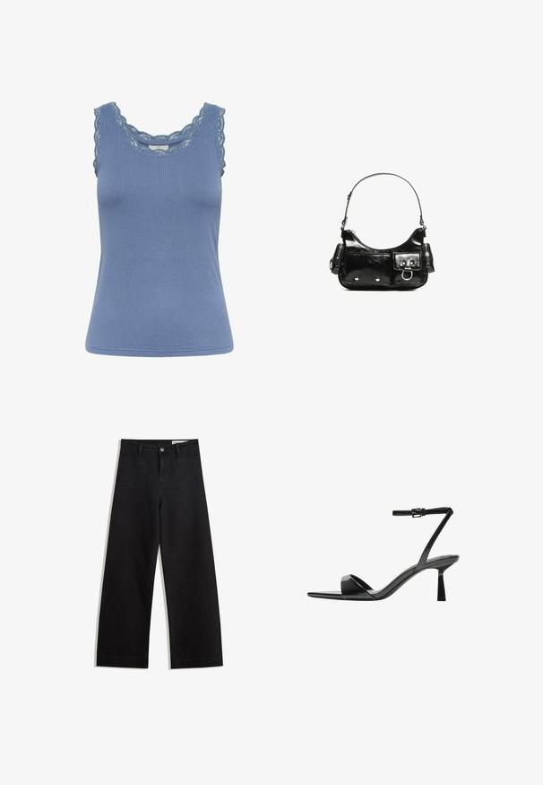 Plava rebrasta majica bez rukava s čipkastim rubom oko dekoltea i otvora za ruke, s prilagođenim krojem i mekim materijalom.; Crne široke traperice s visokim strukom, s prednjim i stražnjim džepovima, šivenim šavovima i kopčanjem na gumb. Glatka tekstura.; Bershka Sandale s visokom petom - black; Crna patentna kožna torba s zakrivljenim oblikom, jednim remenom za rame, prednjim džepovima i akcentima od srebrnog tona.