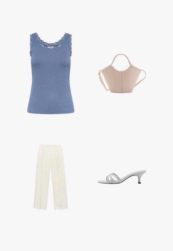 Modrá rebrovaná tielko s čipkovým lemovaním okolo výstrihu a ramienok, so priliehavým strihom a jemnou textúrou.; Široké nohavice vo svetlej krémovej farbe. Vyrobené z hladkej látky s skladmi vpredu a bočnými vreckami.; Svetlo šedé sandále na podpätku s tromi krížovými popruhmi, štíhlym profilom a zužujúcim sa podpätkom. Hladká textura s mierne lesklým povrchom.; Béžová kožená kabelka s unikátnym tvarom, vybavená dvoma krátkymi uchami a jedným dlhým nastaviteľným popruhom. Hladký povrch s minimálnym kovovým príslušenstvom.