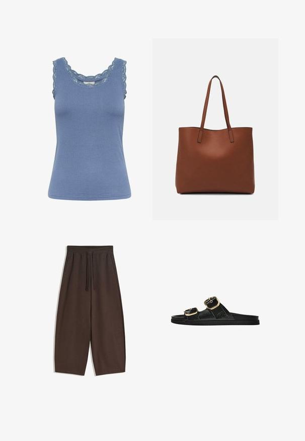 Modrá rebrovaná tielko s čipkovým lemovaním okolo výstrihu a ramienok, so priliehavým strihom a jemnou textúrou.; Hnedé široké nohavice z jemnej látky, s elastickým pásom a šnúrkou, hladkou textúrou a čistým dizajnom.; Čierne šľapky s dvoma zlatými prackami, hladký textúrovaný materiál, plochá podrážka a minimalistický dizajn.; Hnedá kožená taška na rameno s hladkou textúrou, otvoreným vrchom a dvoma ramenými popruhmi. Má minimálne šitia a žiadne viditeľné kovania.